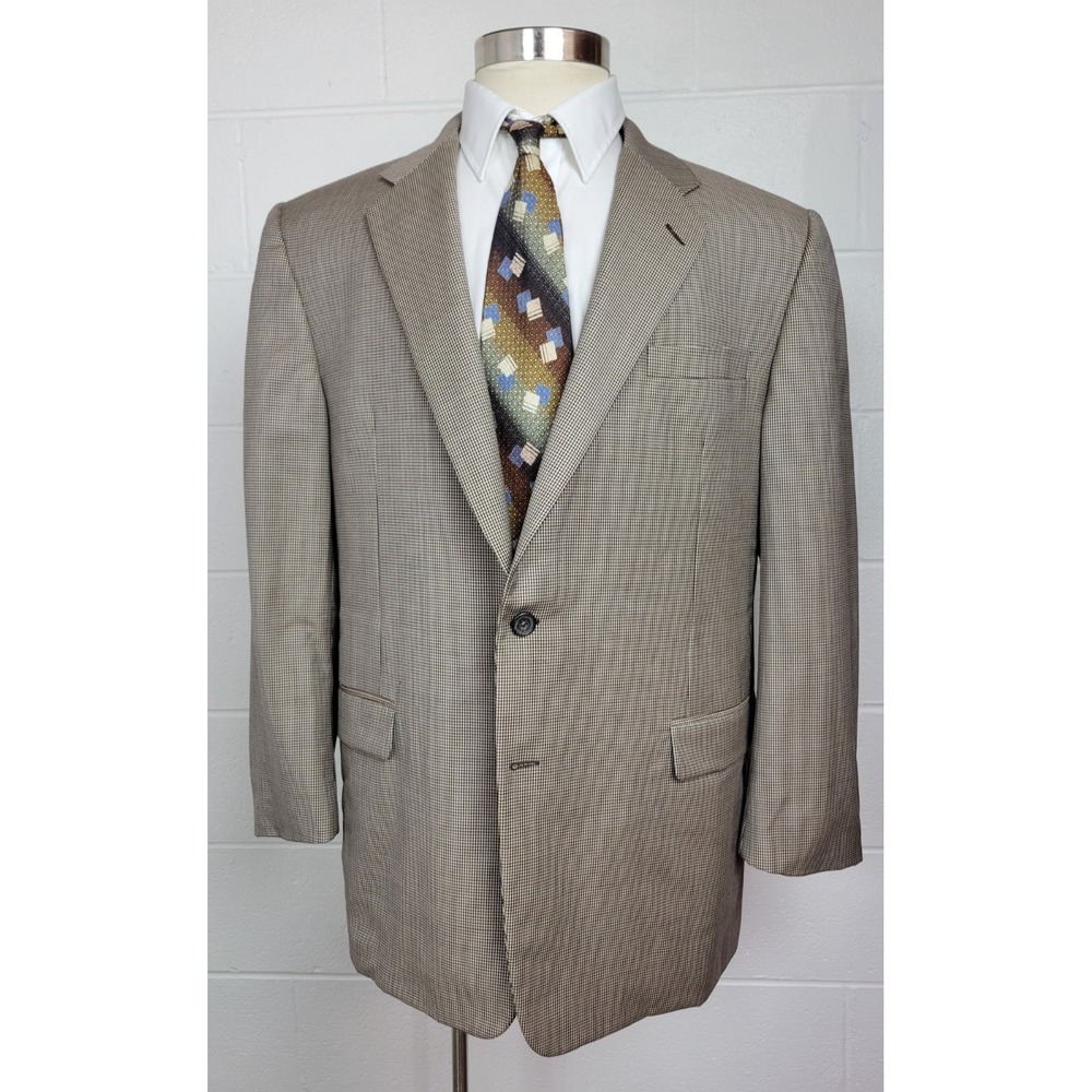 Hickey Freeman Mens Madison Houndstooth Check‎ Sport Coat Jacket Tan Wool 46R